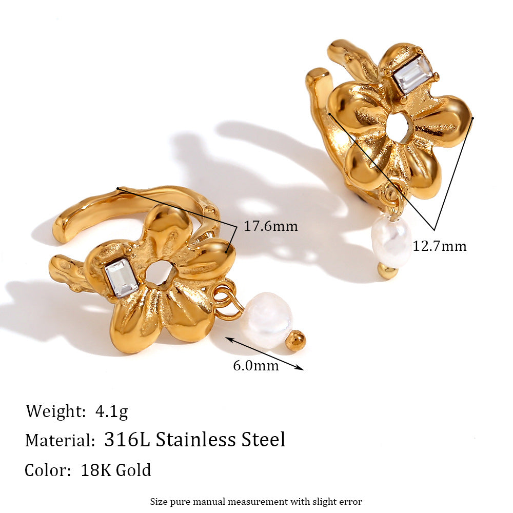 Minimalist Floral-Shaped Stainless Steel Ear Clips with 18K Gold Plating for Women
