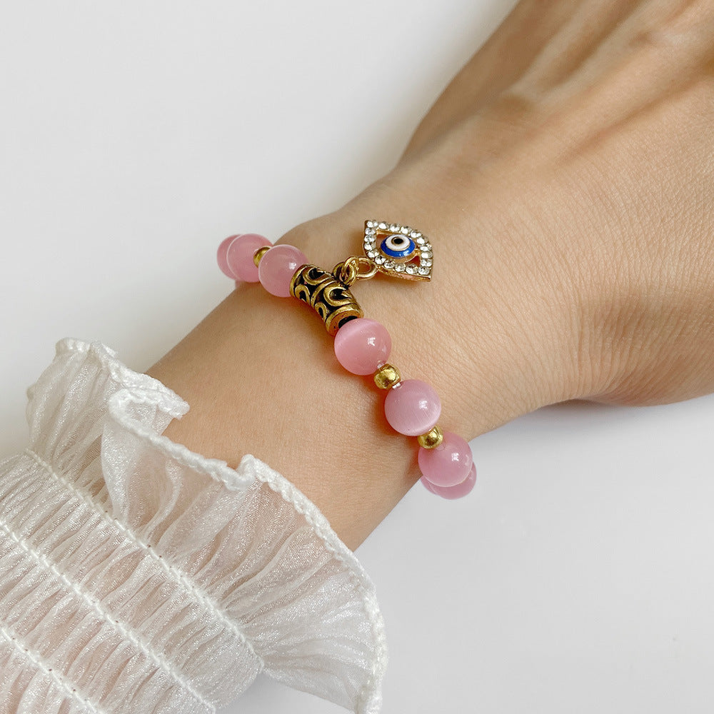 Vintage Minimalist Geometric Agate Beaded Bracelet with Evil Eye Pendant Unisex Jewelry