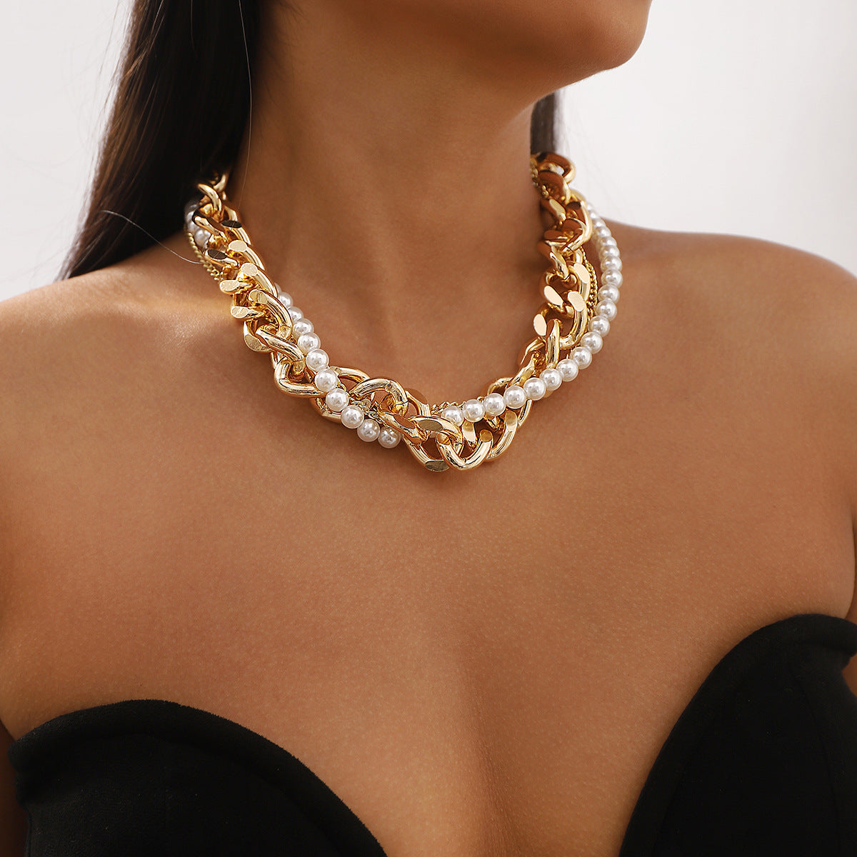 Collar multicapa vintage geométrico de perlas para mujer, cadena de aleación con incrustaciones de perlas de imitación