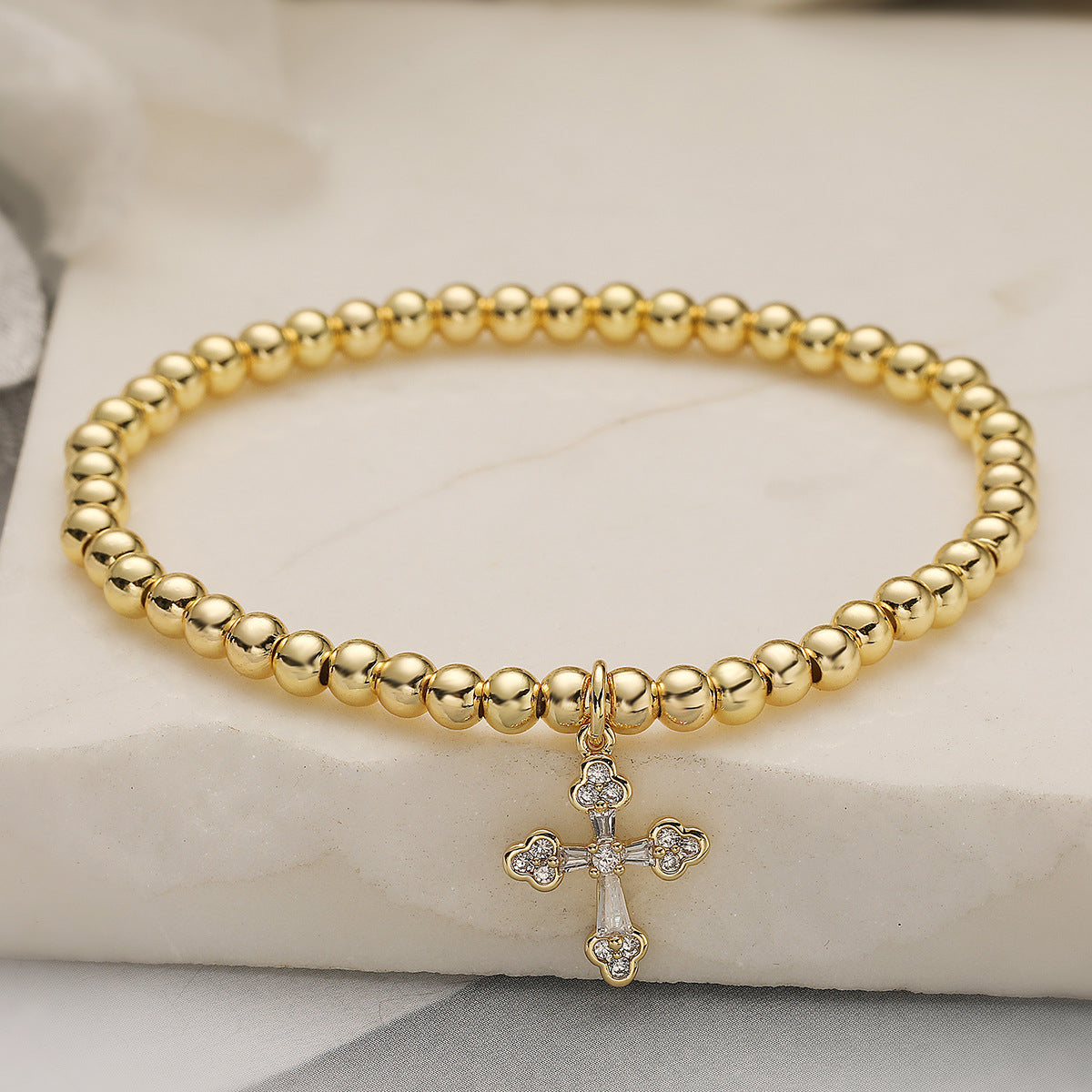Minimalist 18K Gold Plated Brass Cross Geometric Cubic Zirconia Inlay Ball Chain Bracelet for Women