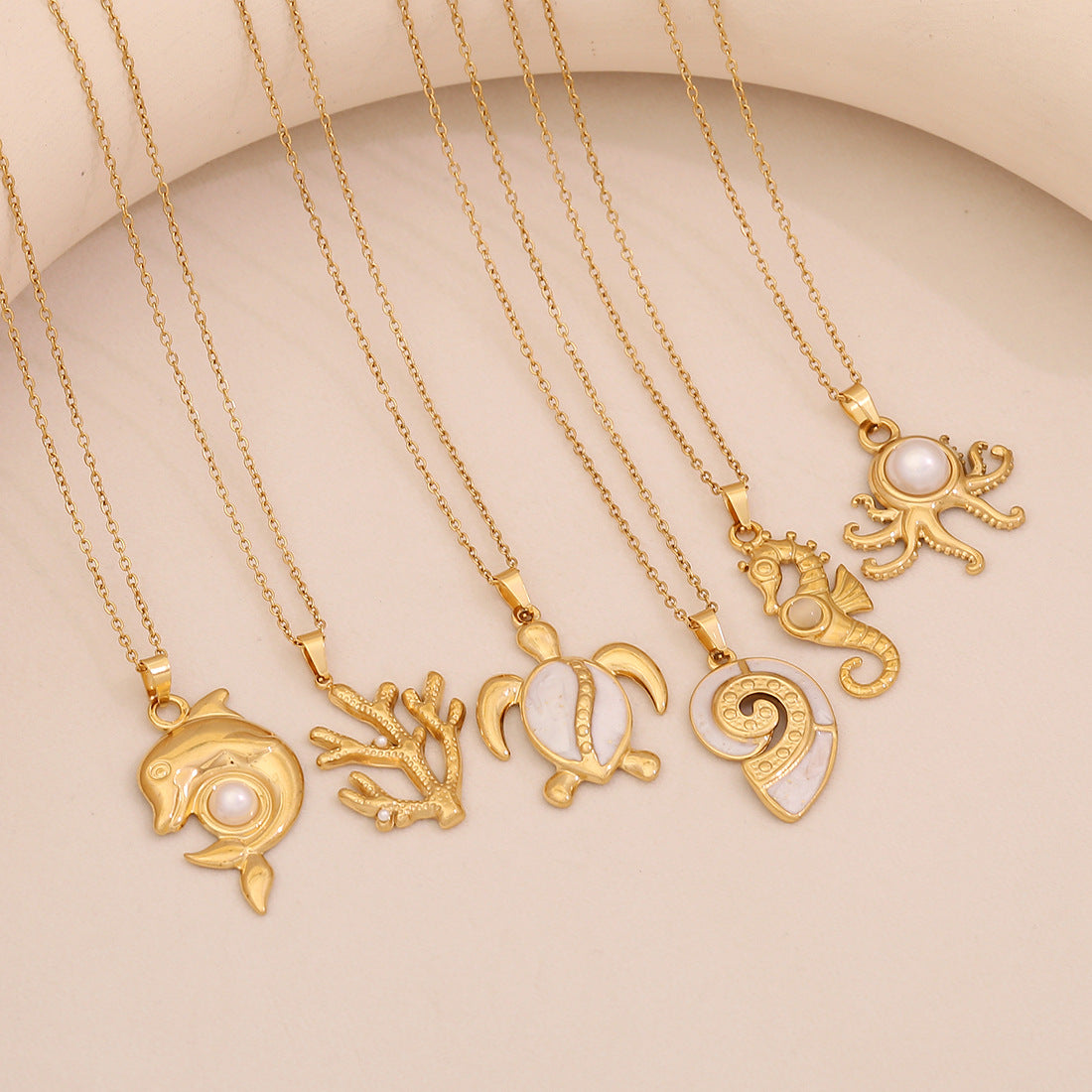 Playful Ocean Animal Pendant Necklace in Stainless Steel with Plating Finish, Turtle Seahorse Dolphin Shell Design on O-Chain for Women