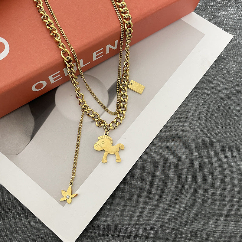 Minimalist Geometric Horse Pendant Necklace for Women Titanium Steel Water Wave Chain