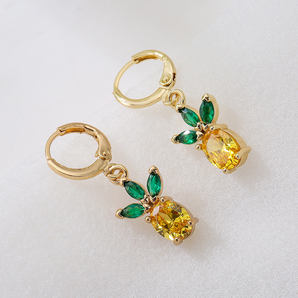 Minimalist Pineapple Strawberry Shaped Copper Earrings with Gold Plating and Micro-Pave Zirconia for Women