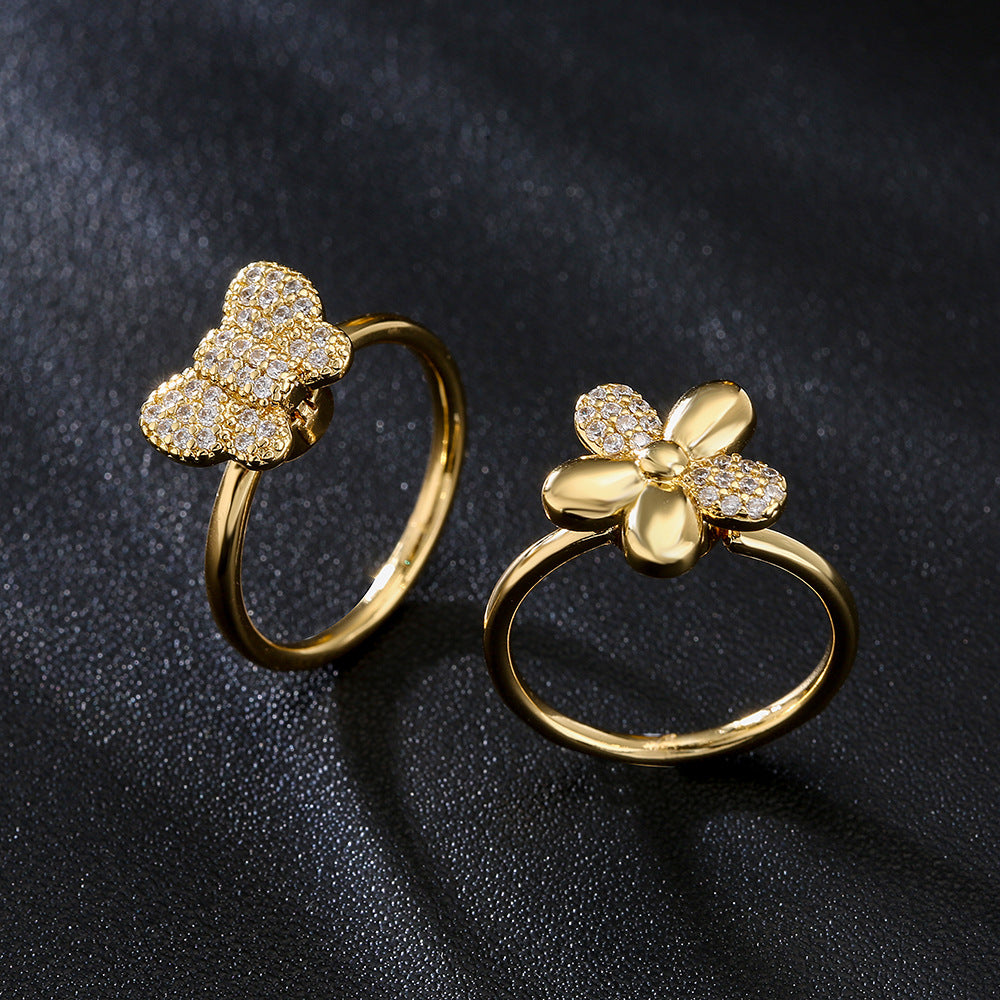 Ins Style Rotatable Butterfly and Floral Shaped Ring in Copper with 18K Gold Plating and Micro-Pavé Zirconia for Women