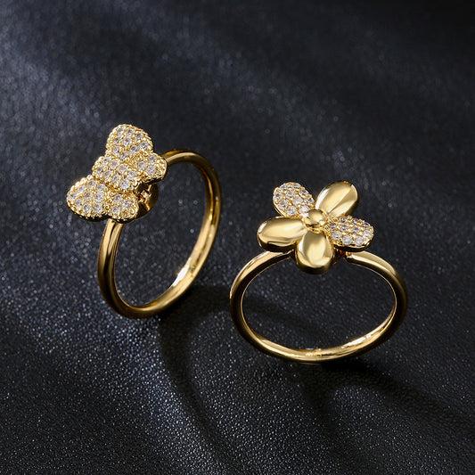 Anillo giratorio con forma de mariposa y flores estilo Ins en cobre con chapado en oro de 18 quilates y circonitas micro-pavé para mujer