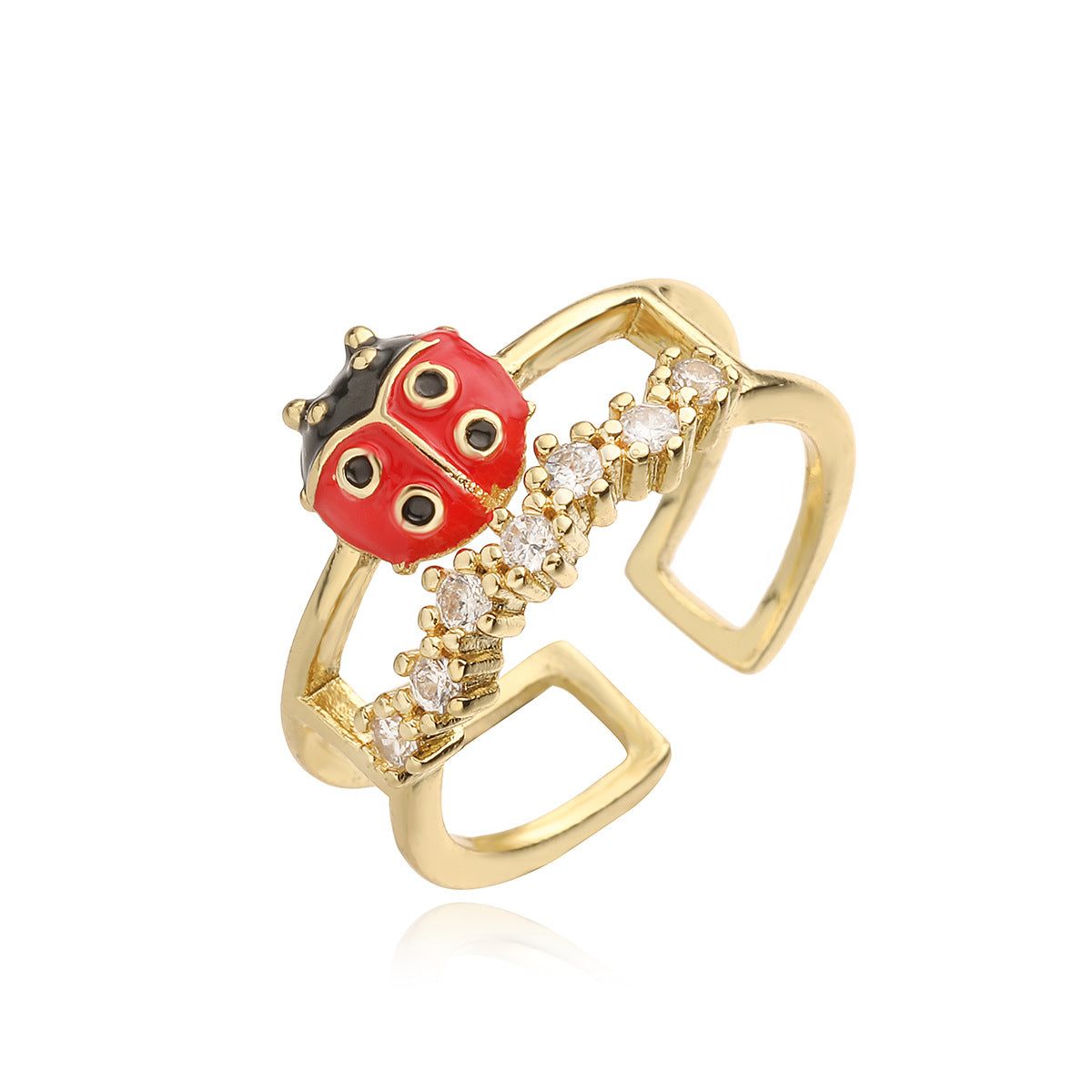 Anello da donna minimalista a forma di coccinella in rame placcato oro 18 carati con finitura smaltata