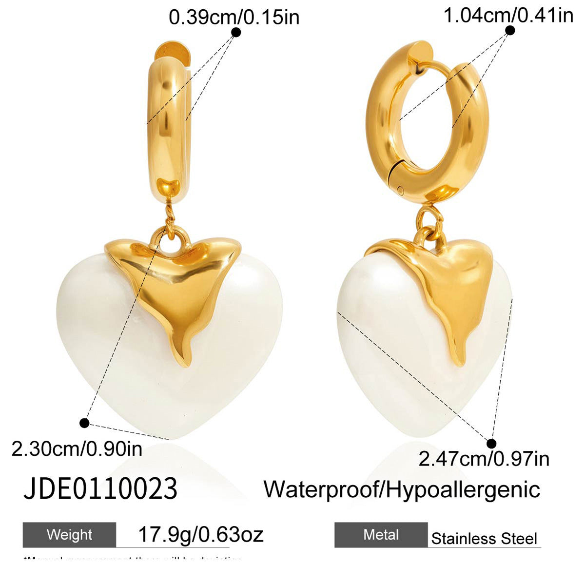 Elegantes aretes de aro de resina con forma de corazón y perlas para mujer, de acero inoxidable con acabado chapado