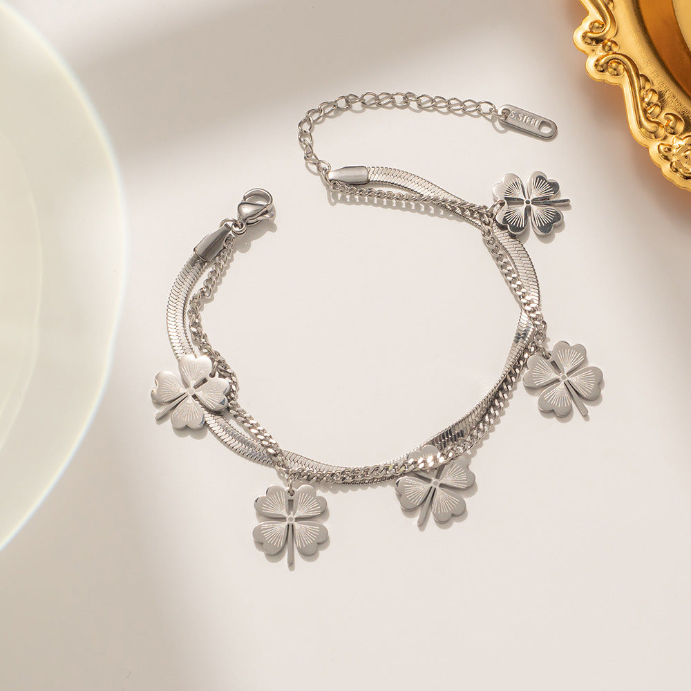Pulsera de acero de titanio de doble capa con trébol de cuatro hojas, minimalista, para mujer, con acabado chapado