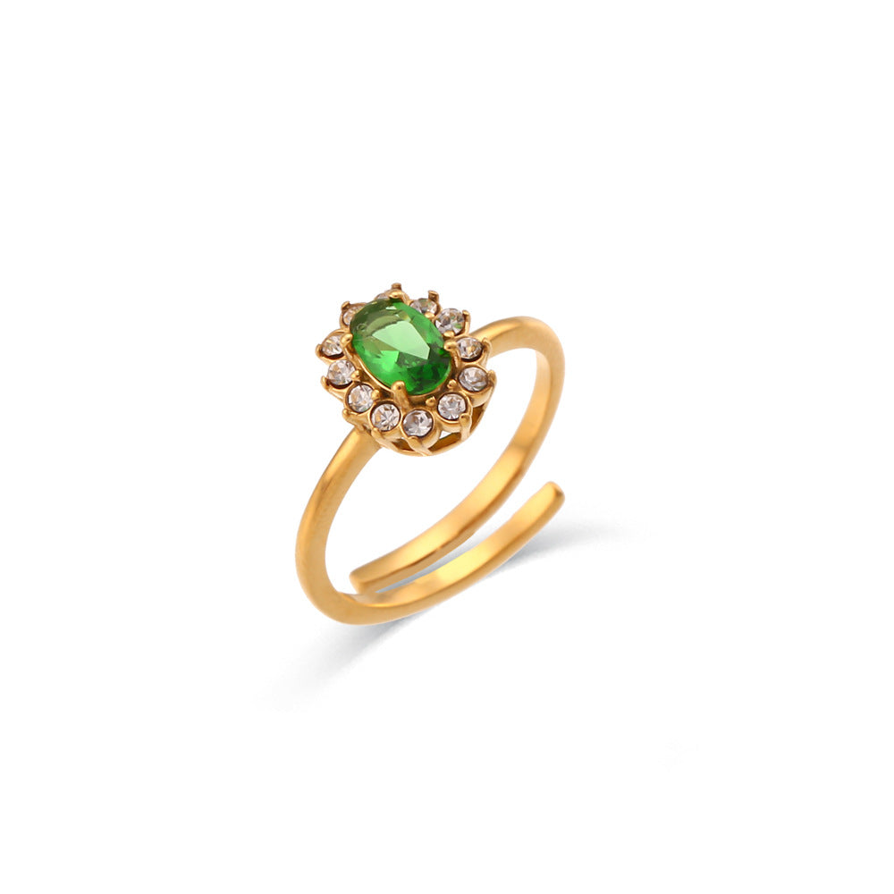 Minimalist Luxe Oval-Shaped Stainless Steel Plated 18K Gold Adjustable Ring with Cubic Zirconia