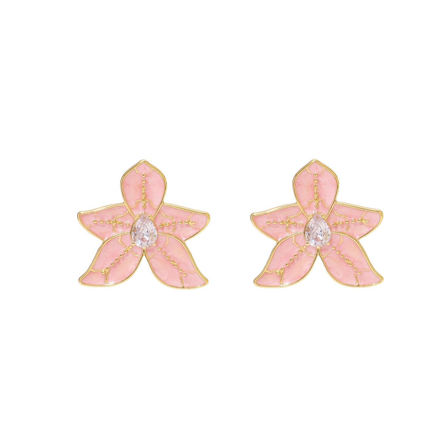 Geometric Style Five-Petal Flower-Shaped Stainless Steel Earrings with Enamel Coloring and Rhinestone Inlay for Women