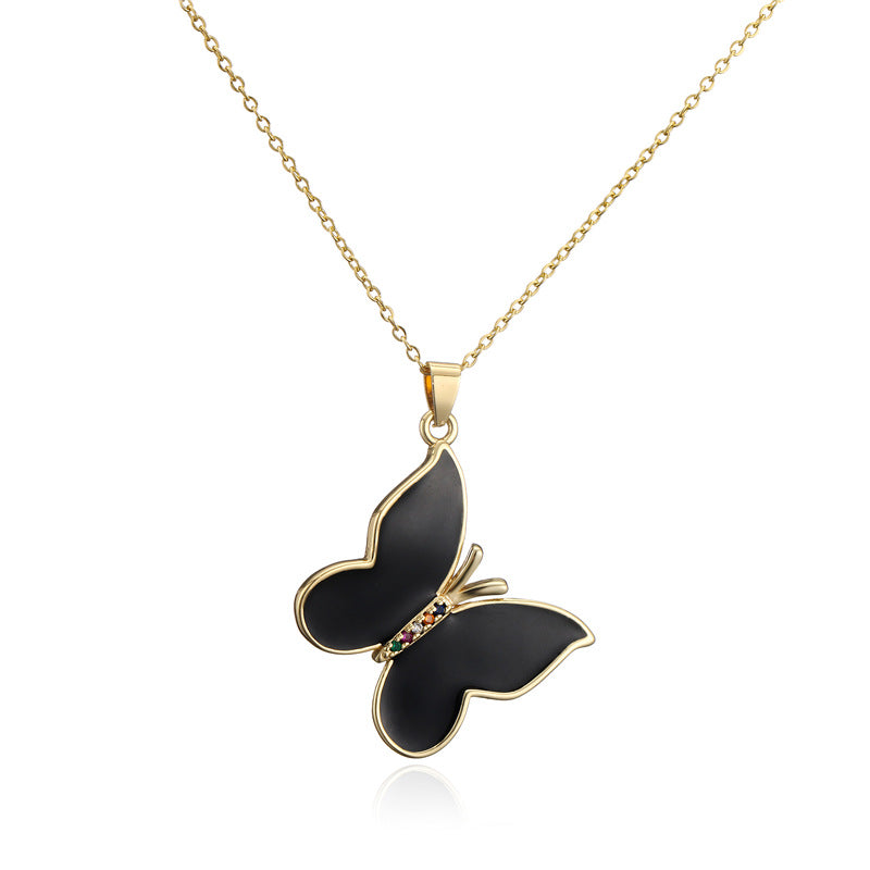 Sweet Solid Color Drip Oil Butterfly 18K Gold Plated Brass Necklace with Cubic Zirconia