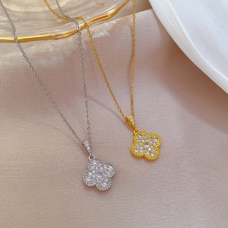 Luxury Floral Micro-Paved Titanium Steel Necklace for Women with Gold Plating and Irregular Design