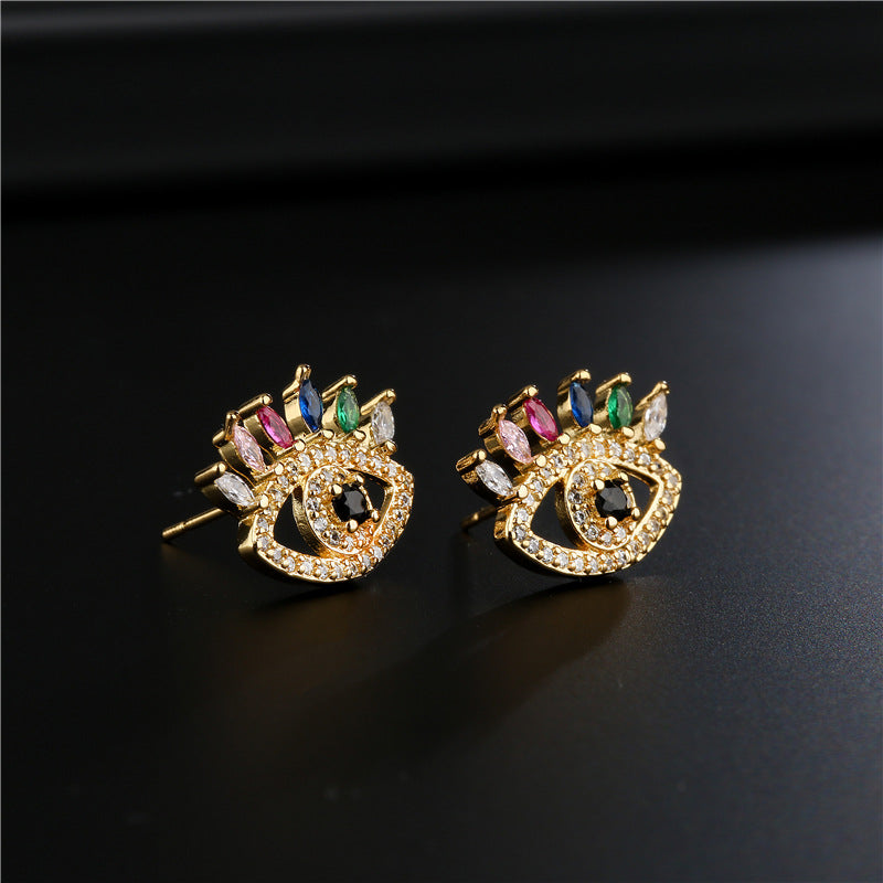 Geometric Eye Stud Earrings Brass Gold Plated Micro-set Cubic Zirconia