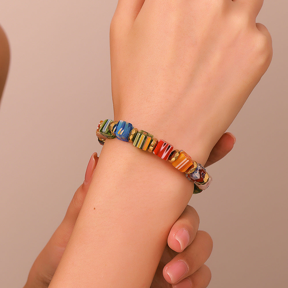 Handmade Murano Millefiori Glass Bead Charm Bar Bracelet Round Geometric Unisex Fashion Jewelry