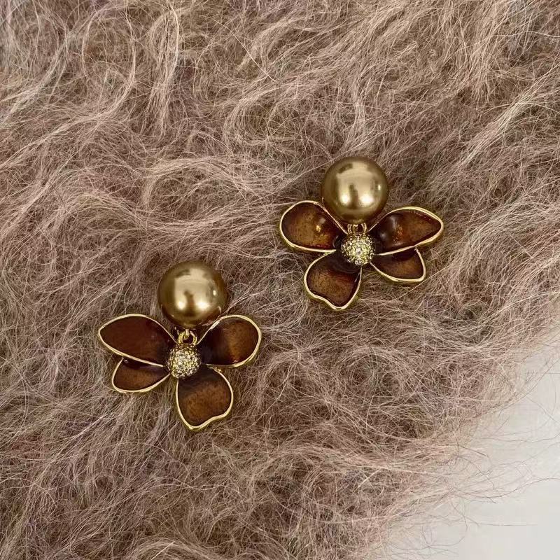 Pendientes de tuerca geométricos de ojo de tigre chapados en bronce mate para mujer, joyería de lujo minimalista artística vintage