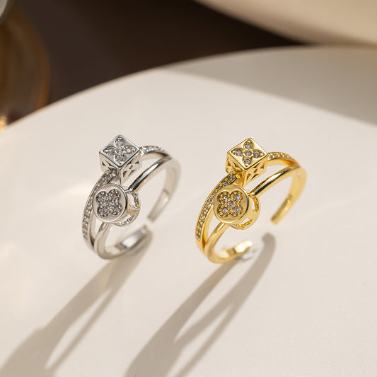 Anillo Minimalista Geométrico de Acero Titanio con Zirconia Microincrustada para Mujer, Banda Abierta Ajustable Bañada al Vacío