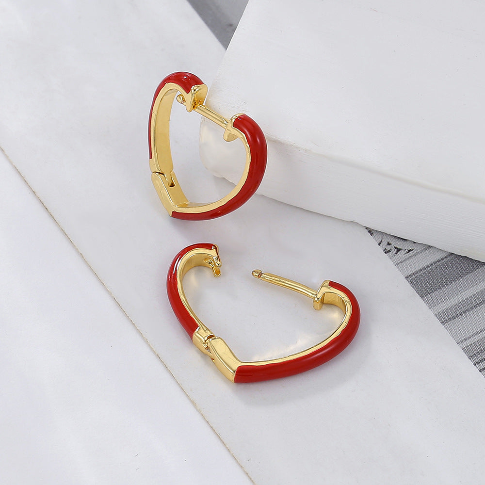 Minimalist Red Heart Gold Plated Drip Oil Brass Earrings for Women