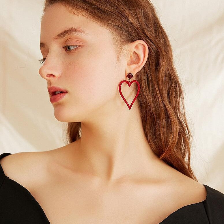 Elegant Red Hollow Heart Rhinestone Inlaid Alloy Earrings for Daily Wear