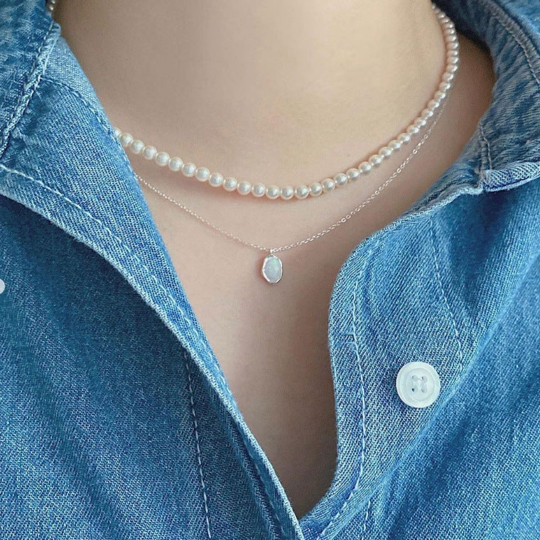 Minimalist Opal Pendant Necklace in 925 Sterling Silver with Geometric and Doll Motif Design