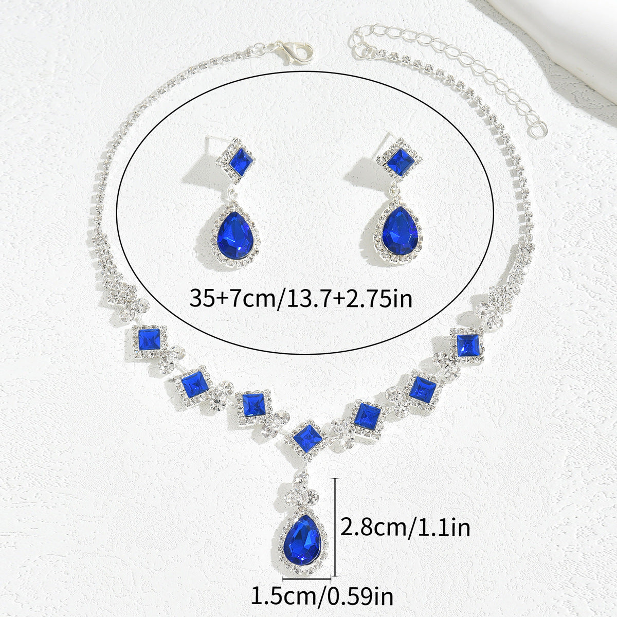 Set di collana e orecchini a goccia quadrata minimalista di lusso blu con strass da donna con design geometrico e intarsio di zirconi cubici