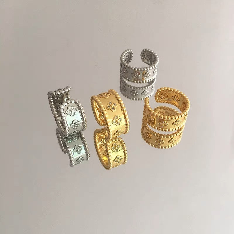 Anello da donna originale in rame a forma di quadrifoglio, placcato oro 18K con zirconi