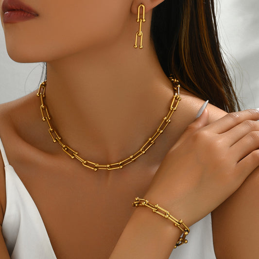 Set di orecchini e bracciale da donna alla moda e minimalista con motivo geometrico, chiusura a ferro di cavallo a U, gioielli in lega galvanizzata