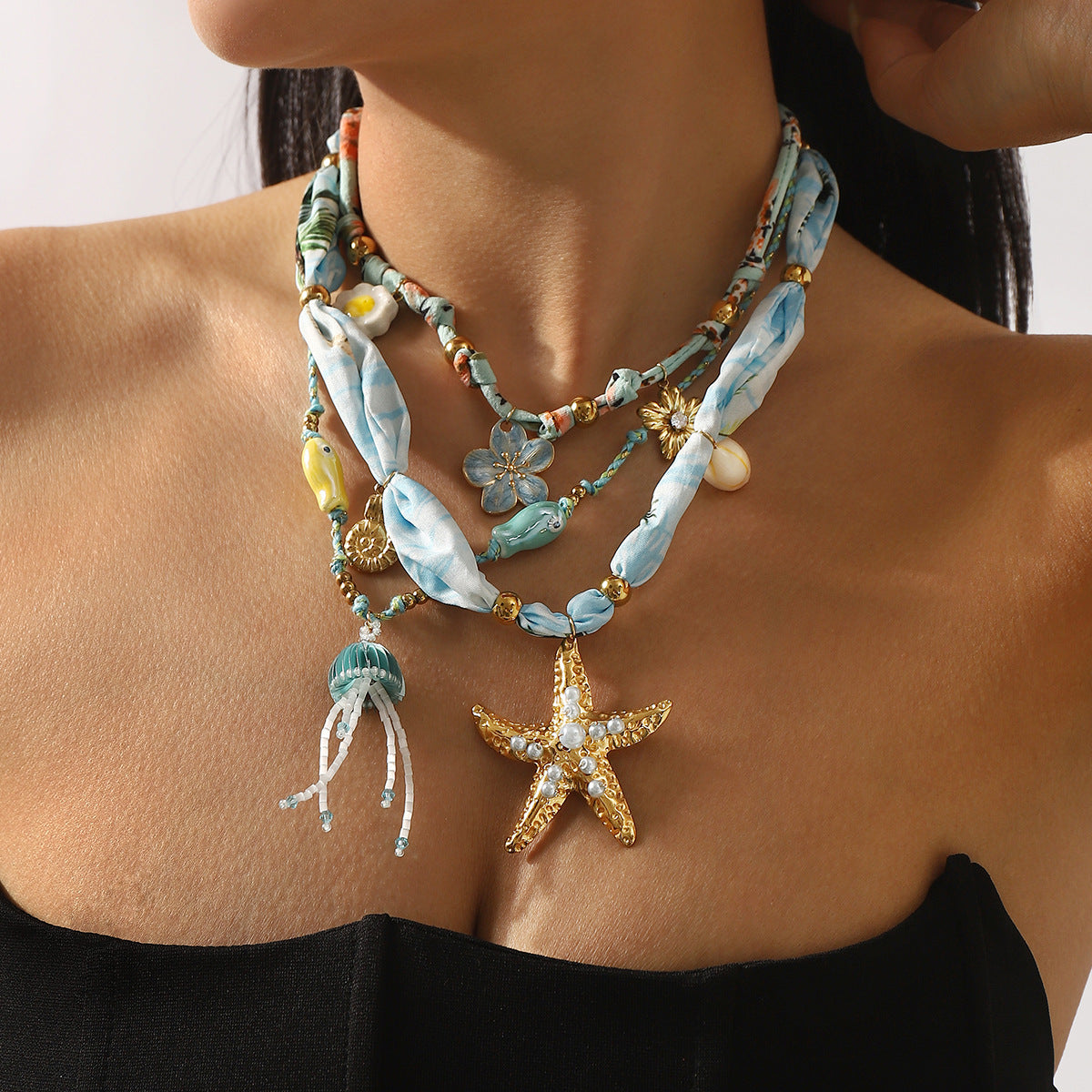 Collar con colgante de estrella de mar estilo INS para mujer con cadena de acero inoxidable bañada en oro de 14 quilates y detalles de esmalte con diseño geométrico
