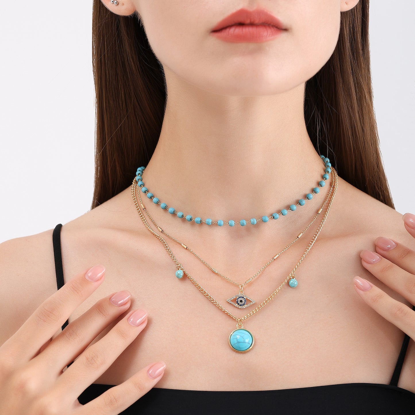 Vintage Bohemian Turquoise Pendant Necklace for Women Geometric Alloy Locket with Plated Finish