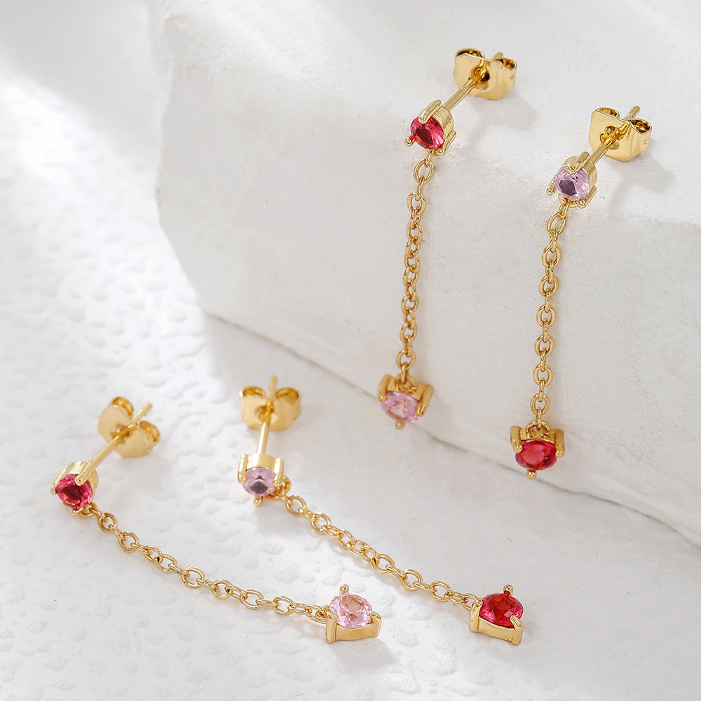 Geometric Round Brass Plated Earrings with Pink Cubic Zirconia and Tassel for Women