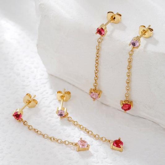 Geometric Round Brass Plated Earrings with Pink Cubic Zirconia and Tassel for Women