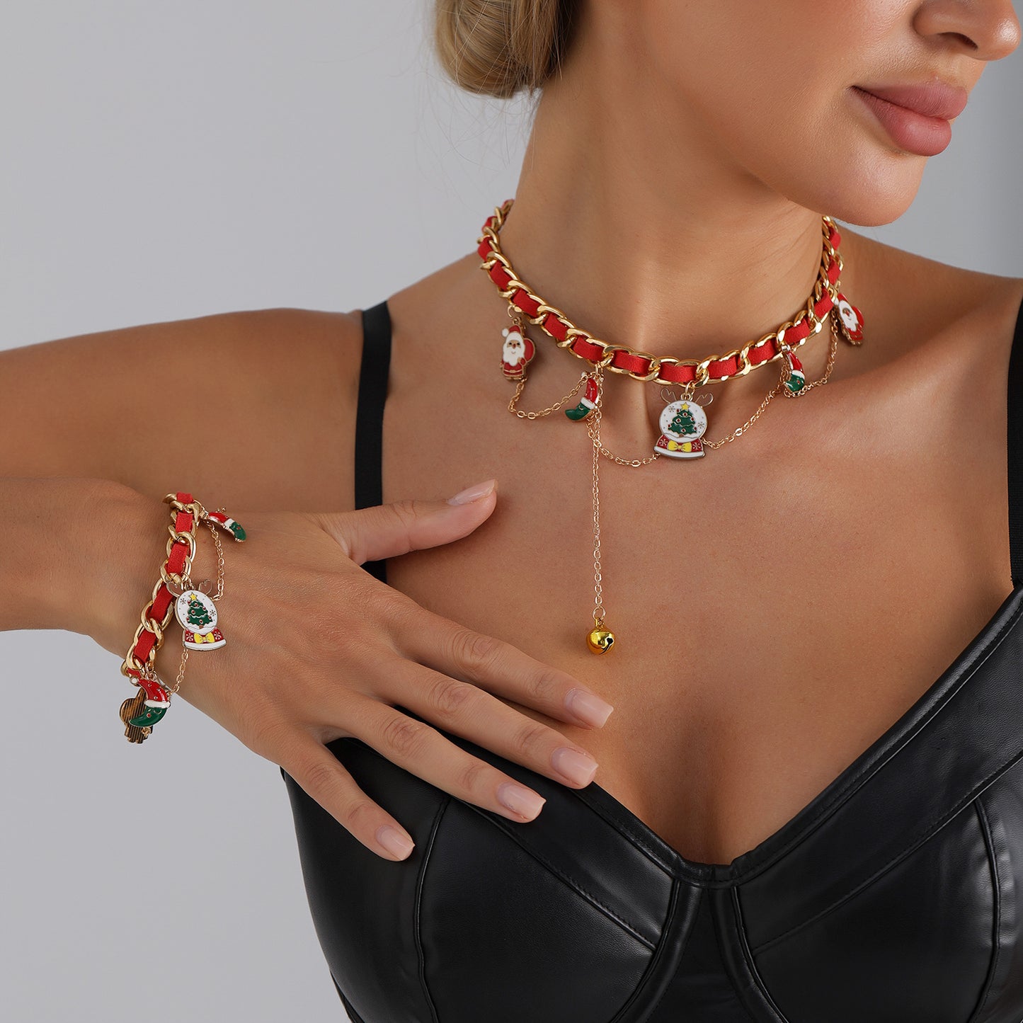 Geometric Alloy Plated Ribbon Woven Choker Necklace with Christmas Bell for Women