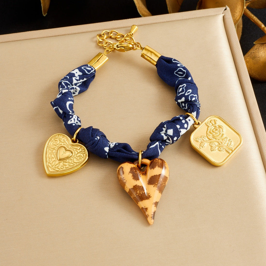 Vintage Luxury Heart Square Plated Stainless Steel Bracelet with Deep Blue Floral and Leopard Print Fabric Rope