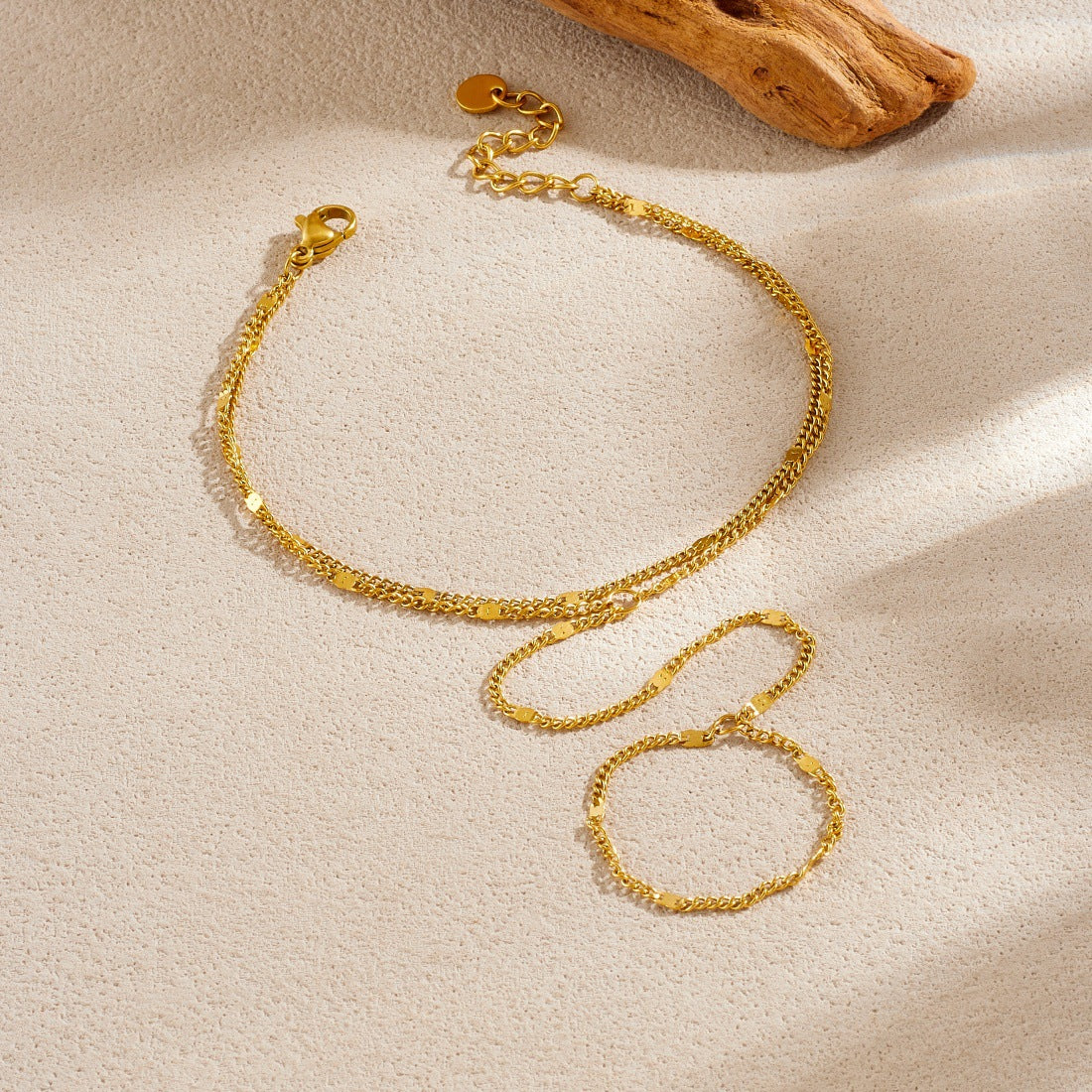 Minimalist Sweet Gold Plated Stainless Steel Double Layer Cable Chain Ring Bracelet Combo for Women