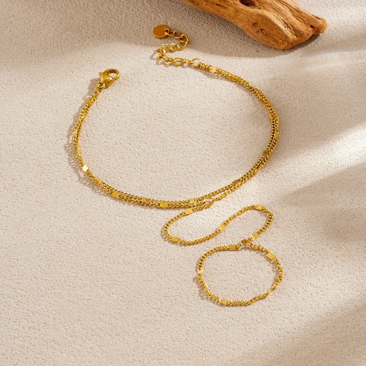 Minimalist Sweet Gold Plated Stainless Steel Double Layer Cable Chain Ring Bracelet Combo for Women