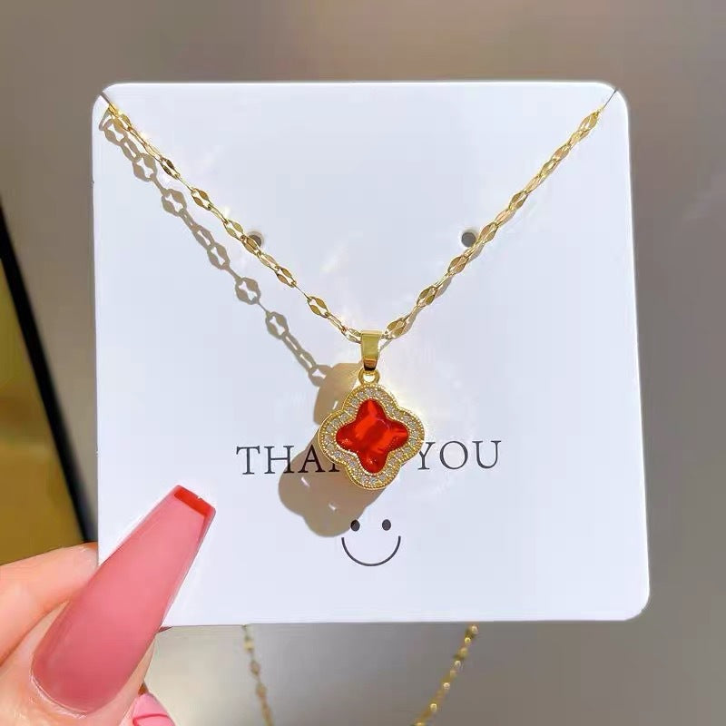 Minimalist Clover Pendant Necklace for Women and Men in Titanium Steel with Gold Plating on O-Chain