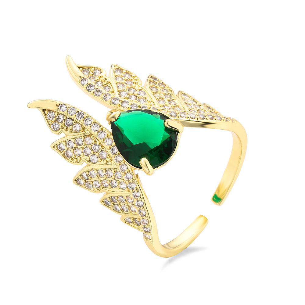 Geometric Wing-Shaped Copper Ring with Real Gold Plating and Zircon Inlay for Women