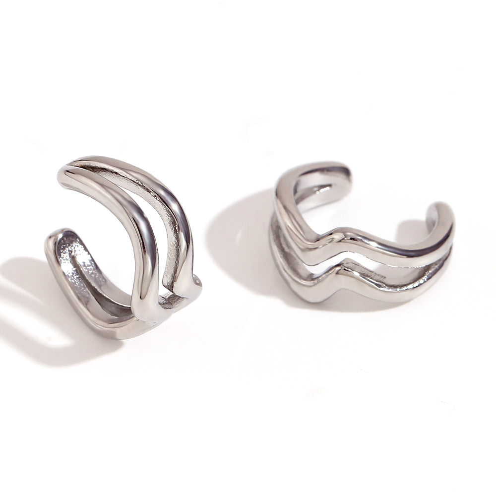 Pendientes de clip de acero inoxidable geométricos de moda minimalistas con chapado en oro de 18 quilates y textura de doble onda para mujer