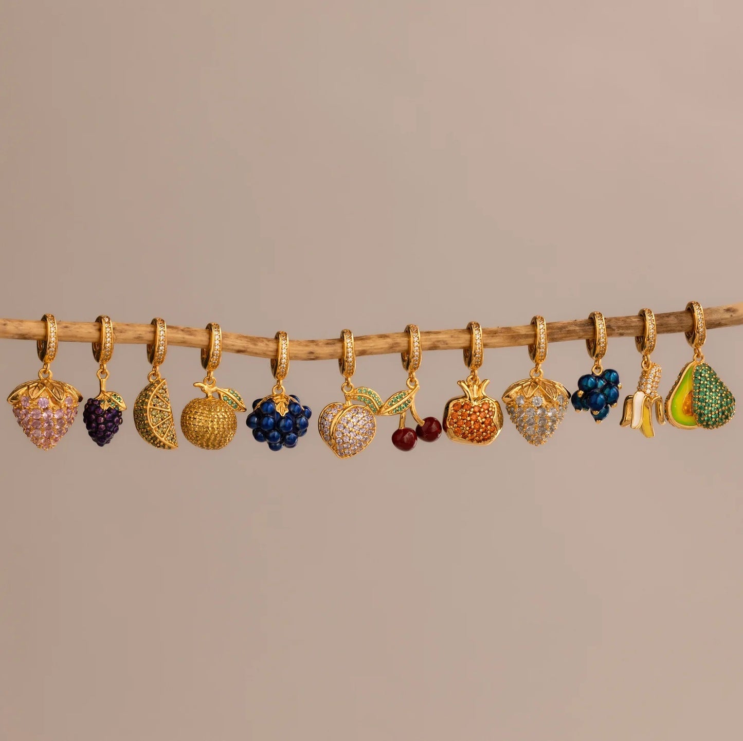 Vintage 18K Gold Plated Brass Fruit Charm Bar with Drip Oil Painting