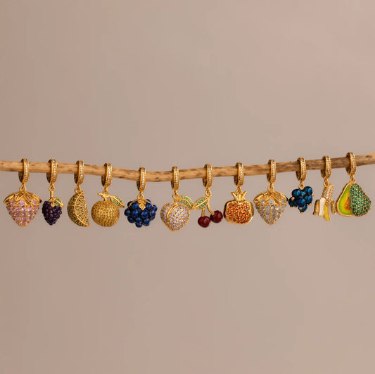 Vintage 18K Gold Plated Brass Fruit Charm Bar with Drip Oil Painting
