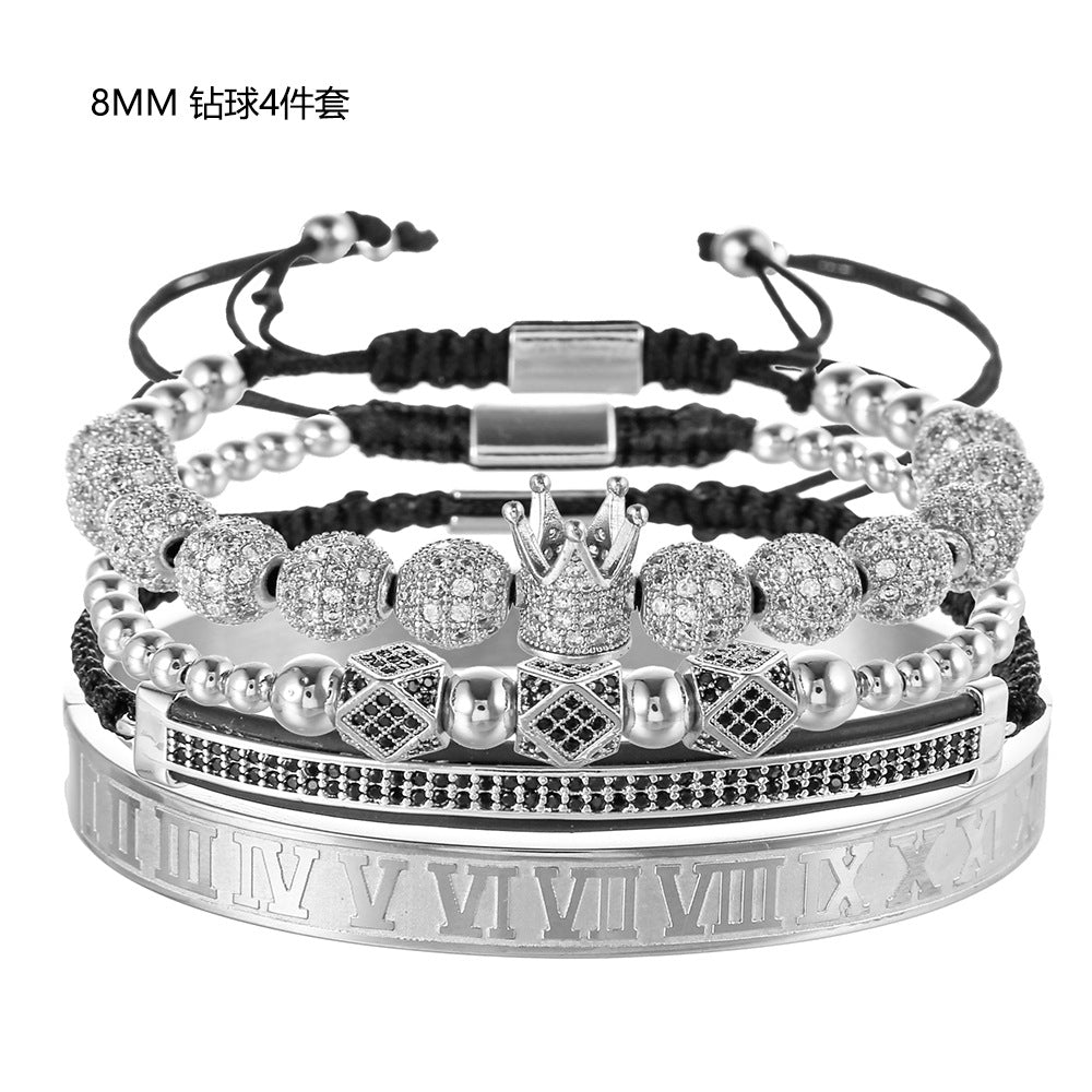 Vintage Punk Geometric Crown Brass Micro-inlay Cubic Zirconia Stainless Steel Braided Bracelet Set for Unisex