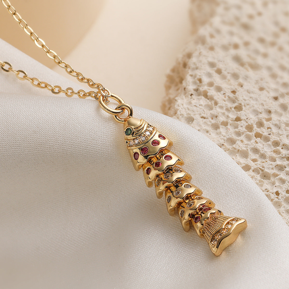Minimalist 18K Gold Plated Brass Geometric Cubic Zirconia Koi Pendant Necklace for Women