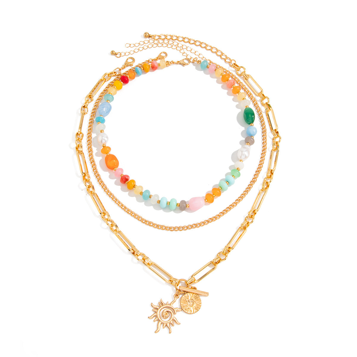 Casual Geometric Round Sunflower Pendant Necklace with Resin Beads Zinc Alloy Iron Plated Ball Chain for Women