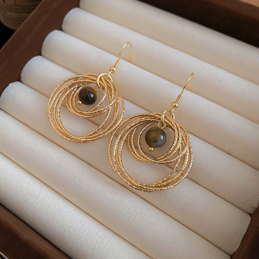 Orecchini a cerchio da donna pendenti rotondi vintage con occhio di tigre, design geometrico minimalista con base in ferro, gioielli statement leggeri di lusso