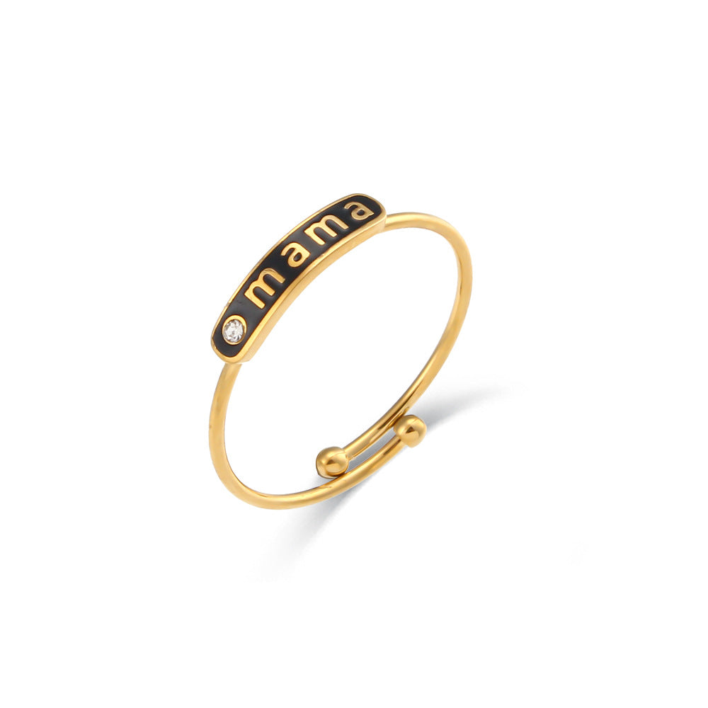 Anillo Ajustable "Mama" de Acero Inoxidable con Baño de Oro de 18K y Acabado Esmaltado, Forma Geométrica, Estilo Casual y a la Moda