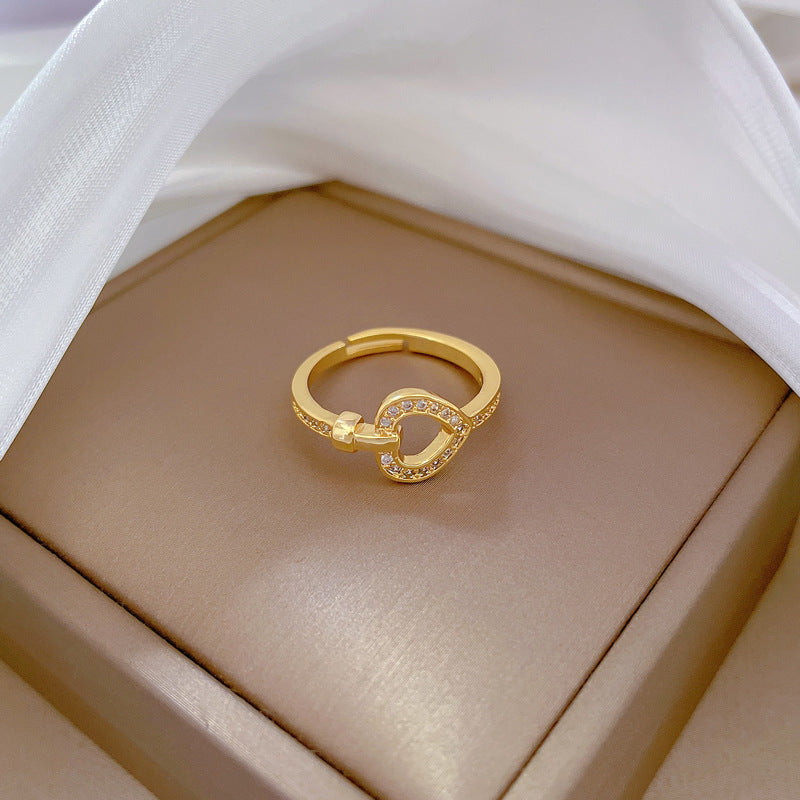Kawaii Style Heart-Shaped Gold-Plated Brass Adjustable Ring for Women with Crown Detail