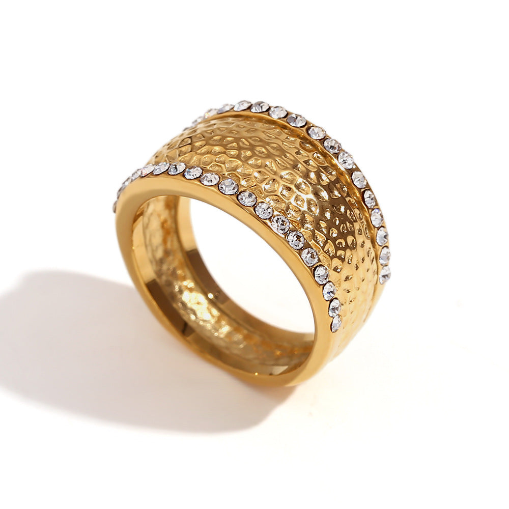 Anello da donna in acciaio inossidabile placcato oro 18 carati, stile vintage geometrico con strass bianchi