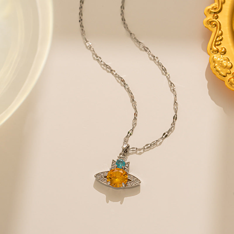 Luxury Geometric Planet Pendant Necklace for Women in Titanium Steel with Micro-Pave Zirconia and Polished Waterwave Chain