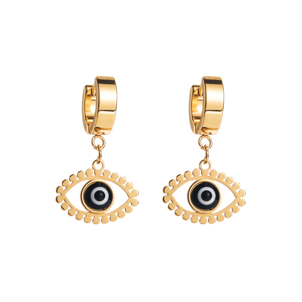 Pendientes de acero inoxidable geométricos dulces y atrevidos con forma de ojo de demonio para mujer con acabado chapado