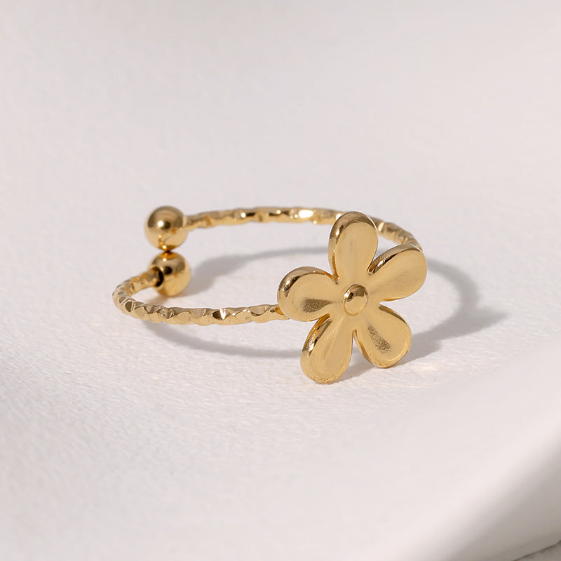 Anello Floreale Minimalista in Acciaio Inossidabile Placcato Oro, Fascia Aperta Regolabile per Donna
