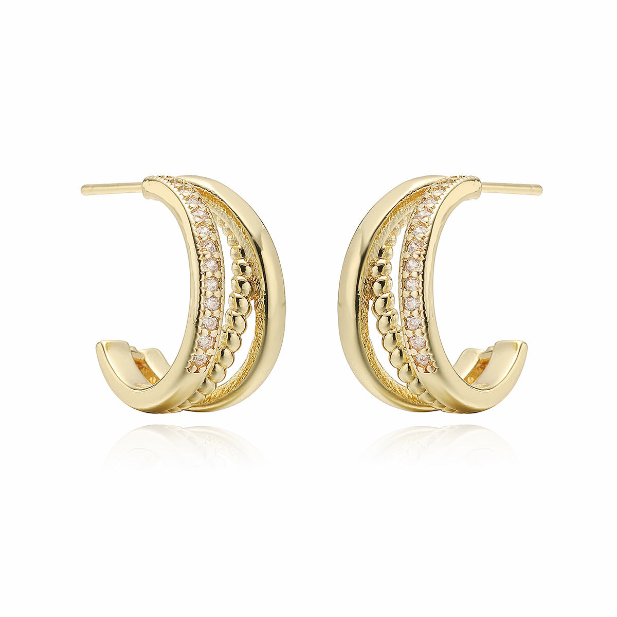 Geometric Earrings for Women in Copper with 18K Gold Plating and Zircon Inlay, Vintage-Inspired Minimalist Fashion Studs